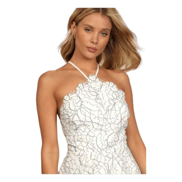 Lulu's Dress White Black Truly Wonderful Lace Halter Mini Floral Sz S - Picture 2 of 4